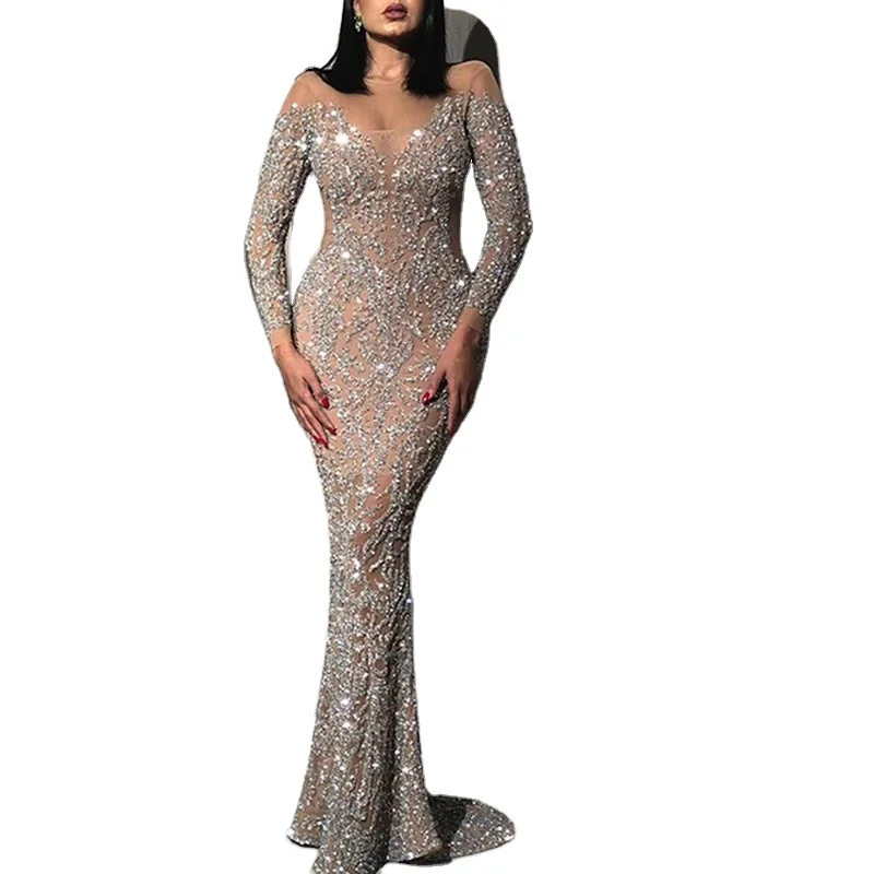 Женское вечернее платье с длинным рукавом и блестками
