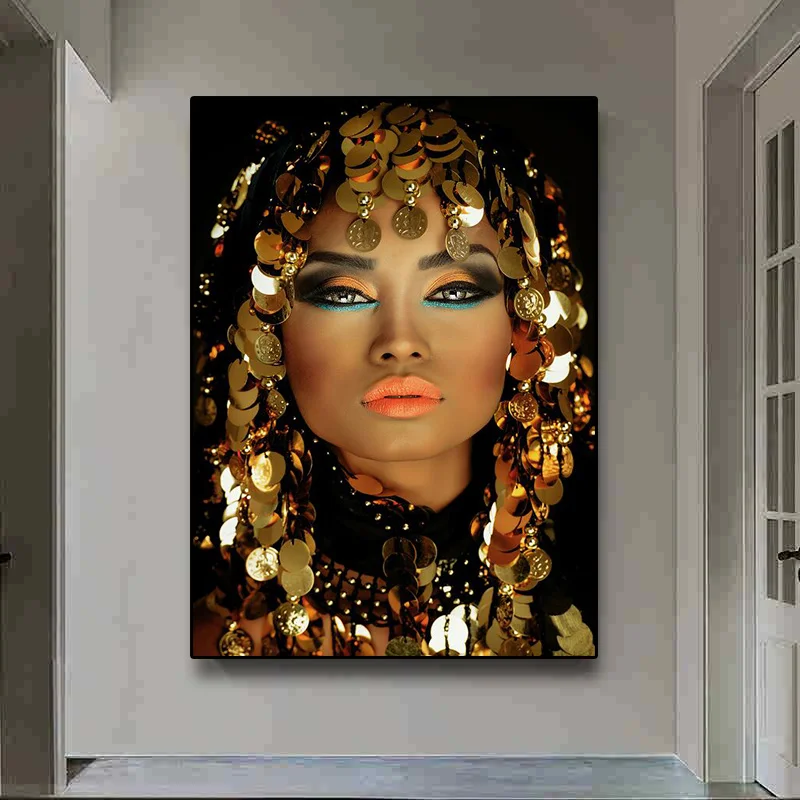 Home Decor African Woman with Makeup Wearing Sequin Headscarf Painting Posters Scandinavian Wall Art