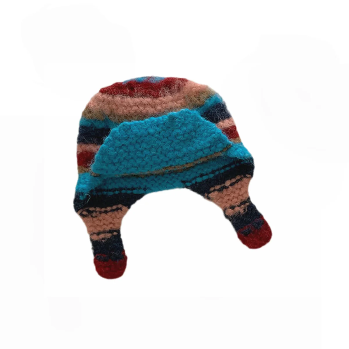 Striped Color block Knitted Beanies Cap Hand Knit Mohari Crochet Beanie Hat with Ear Flaps