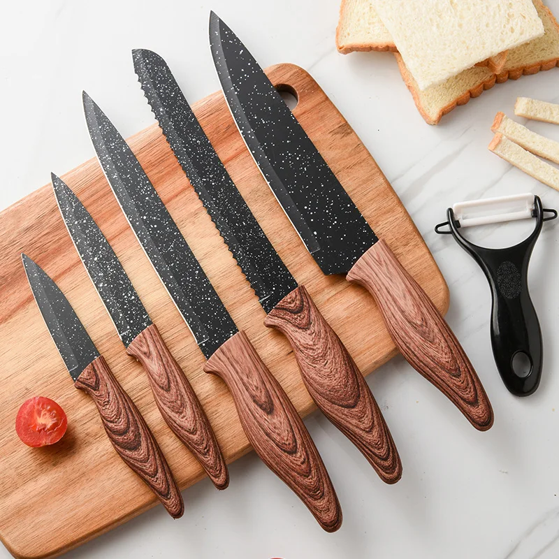 Exclusive In Stock 6 Pieces Wood Grain Handle Kitchen Knife Set Non-stick Coating Knife Set Wooden Handle Knives With Gift Box