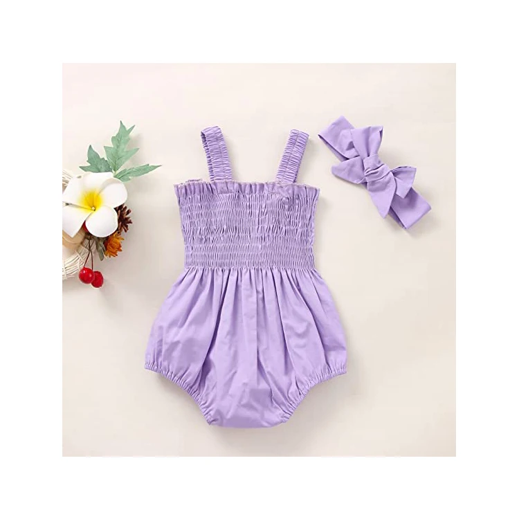 Summer Baby Girls Sleeveless Suspender Design Pleated Cotton Ruffled Hem Romper With Headband
