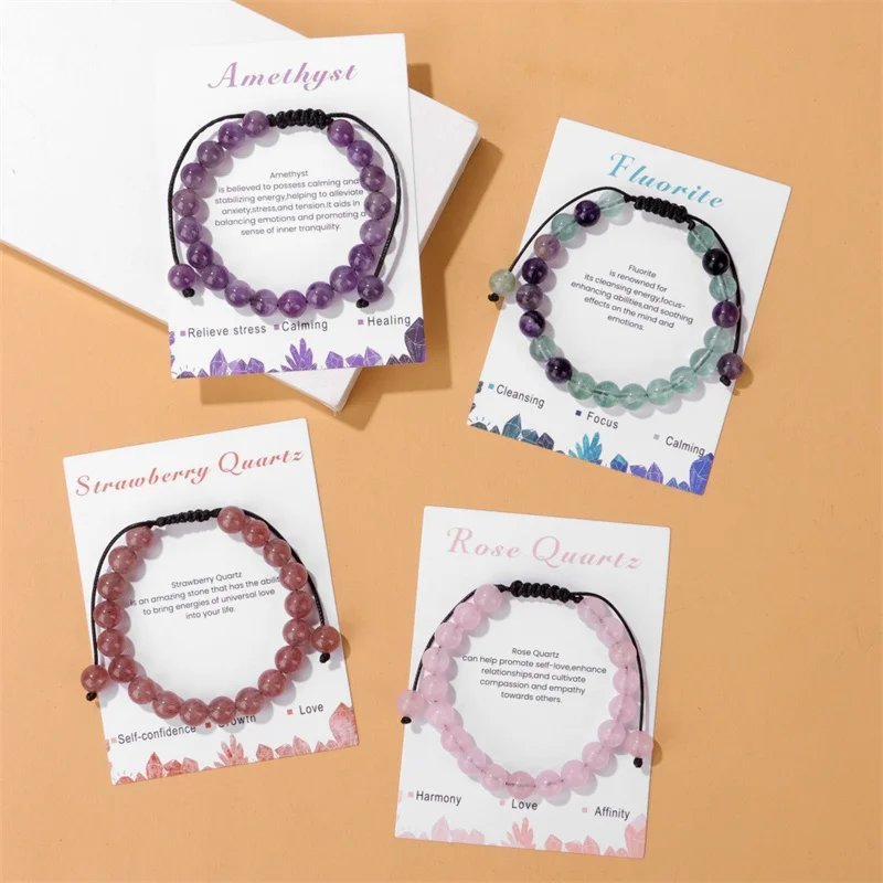 8mm Natural Stone Card Healing Power Gemstone Crystal Beads Handmade Woven Adjustable Friendship Stone Bracelet Jewelry