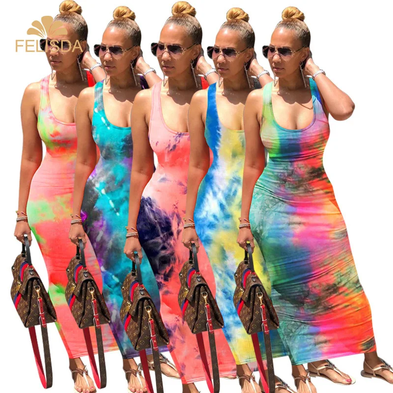 Women Summer Tie Dye Print Maxi Dress Casual Sleeveless Bandage Sexy Night Party Bodycon Long Dresses Female