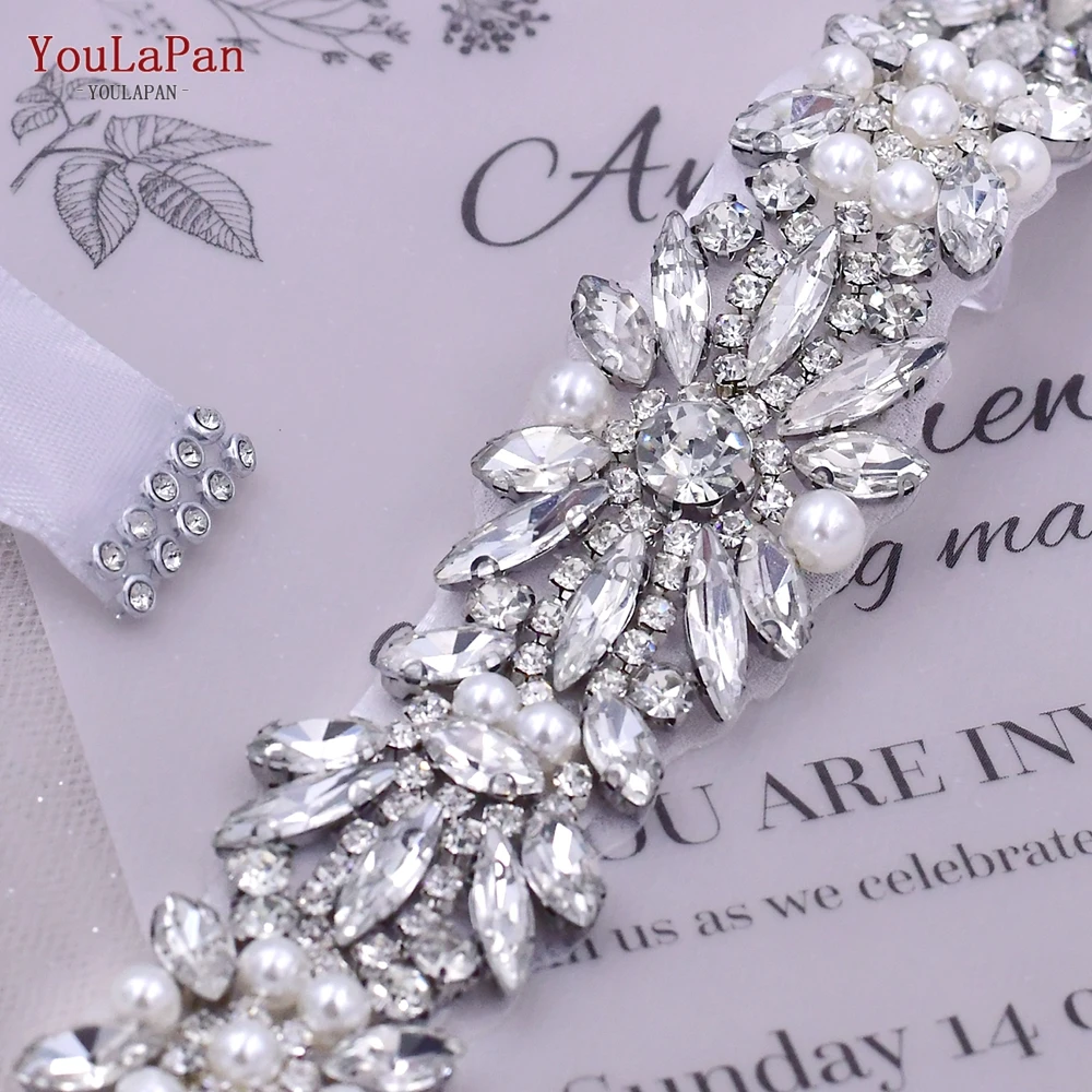 YouLaPan S48 New Sparkling Rhinestone Pearls Sash, Plus Size Party Dress Belt In Optional Colors, Bridal Wedding Dress Girdle