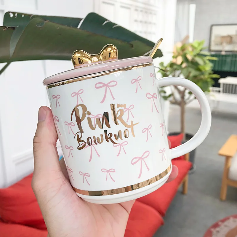 Feiyou wholesale custom 14oz golden edge cute bow porcelain cup personalized ceramic mug exquisite ceramic mug  christmas mugs