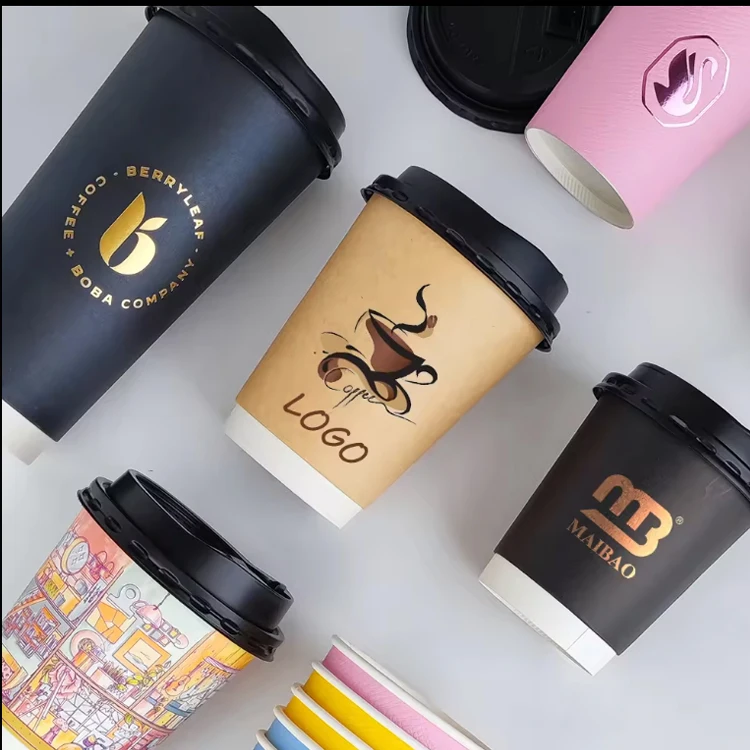 Design Logo Black Disposable Double Wall Coffee To Go Cup Custom Paper Coffee and Tea Cup 6 oz 8oz 12oz Kraft Paper Cup With Lid