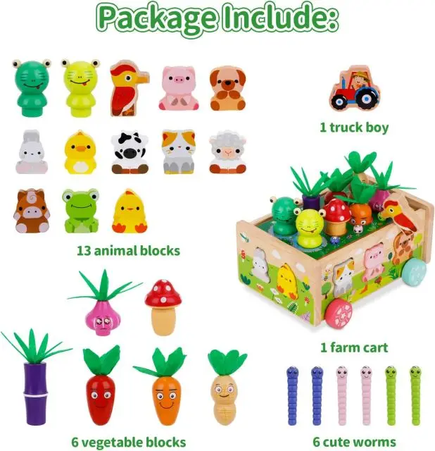 Montessori wooden farm toys ages 1-3 years shape recognition learning animal vegetable blocks wooden toys