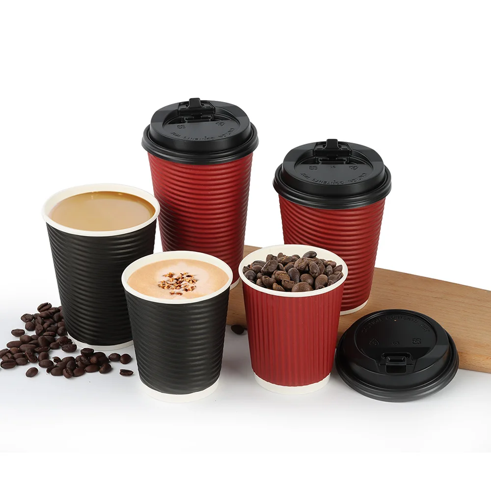 hot drink coffee tea paper cup with lid ripple corrugated carton wall cup custom logo