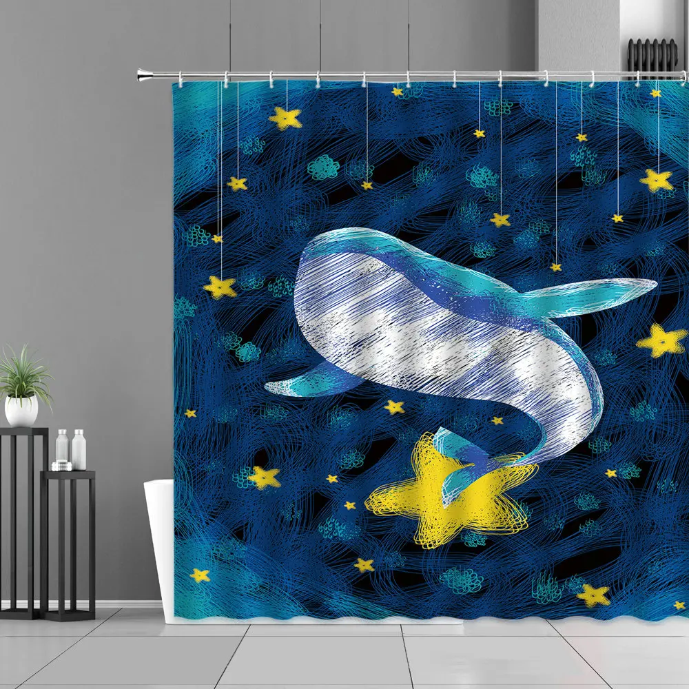 Cartoon Funny Whale Shower Curtains Cat Whales Sea Wave Mermaid Tropical Fish Underwater World Bath Curtain