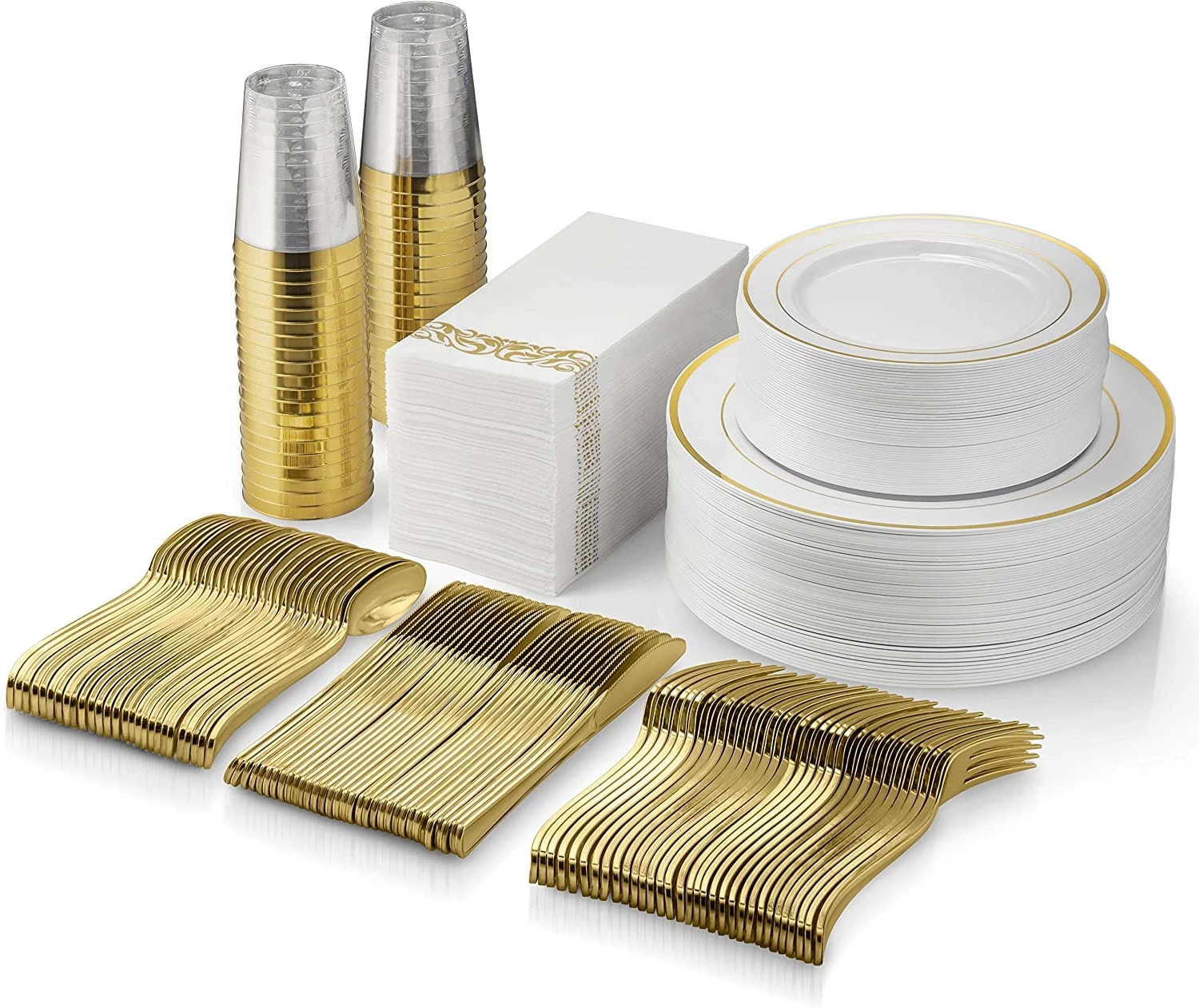 350pcs Gold Dinnerware Set include Gold Rim Plastic Plate Plastic Silverware Plastic Cups Linen Like Gold napkins
