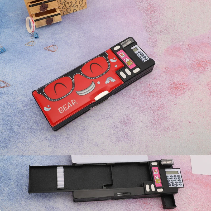 Student cartoon plastic stationery box double-sided open pencil case creative multifunctional calculator pencil case