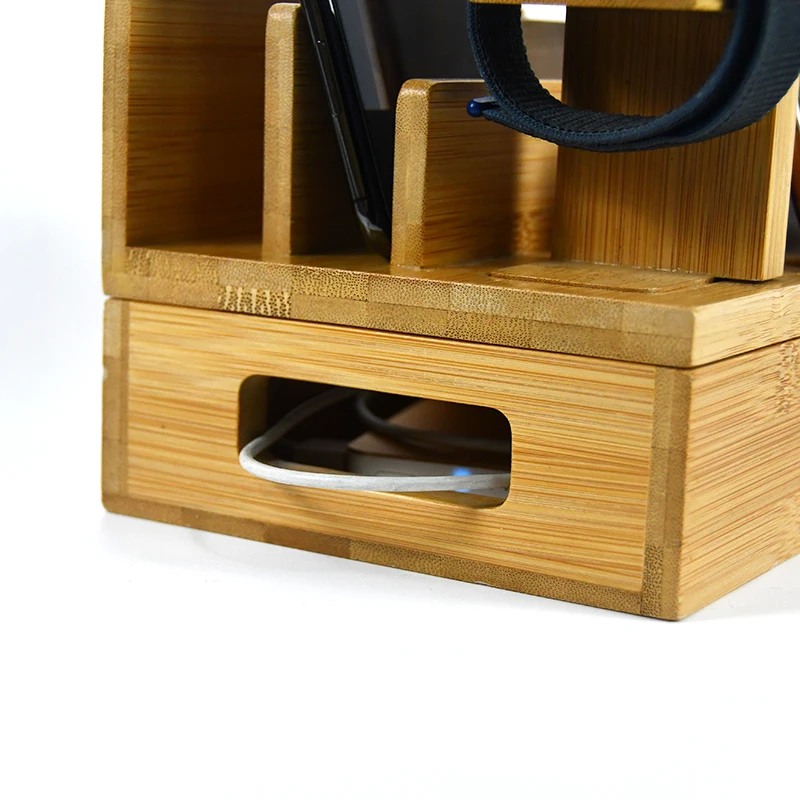 Bamboo And Wood Multi Device Manager Mobile Phone Stand Desktop Table Stand Storage Box