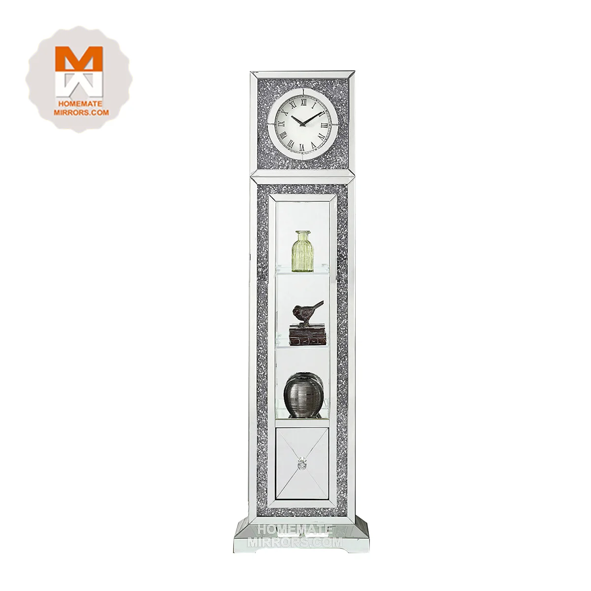 Hot Competitive Big Mirrored Floor Grandfather Clock with Faux Crushed Diamonds