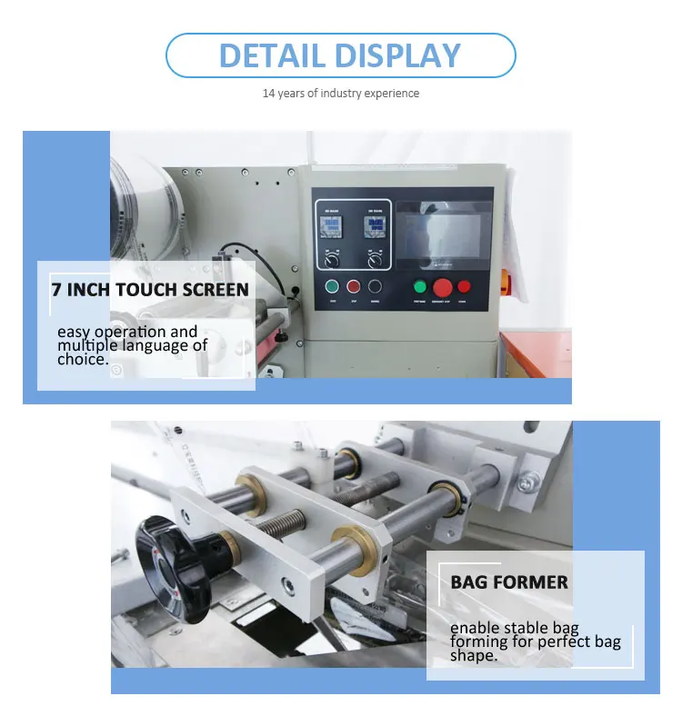 
PLC Control Date ball protein bar Automatic Horizontal Wrapper Pillow Packing Machine cookie cake Flow Wrapping Machine 