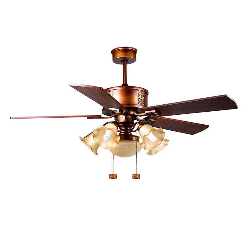 Декоративная лампа в китайском стиле, ретро потолочный вентилятор, 5 твердых деревянных лопастей, 52 дюйма, классический потолочный вентилятор с подсветкой