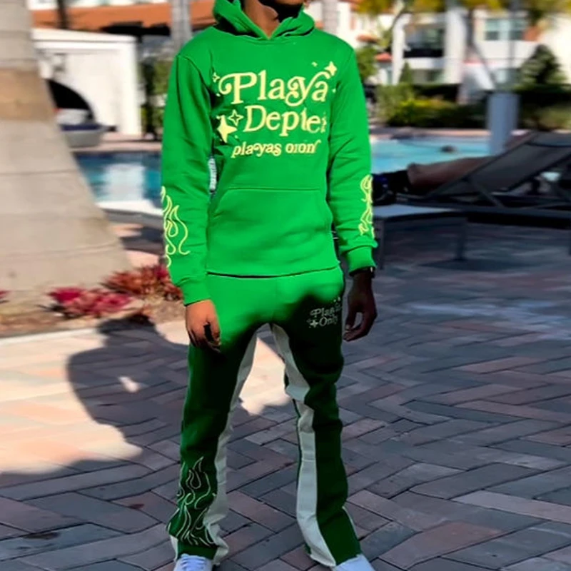 Clothing Manufacturers Custom Streetwear  French Terry Heavyweight Unisex Raw Hem Cropped Hoodie Flared Sweatpants Sweatsuit Men