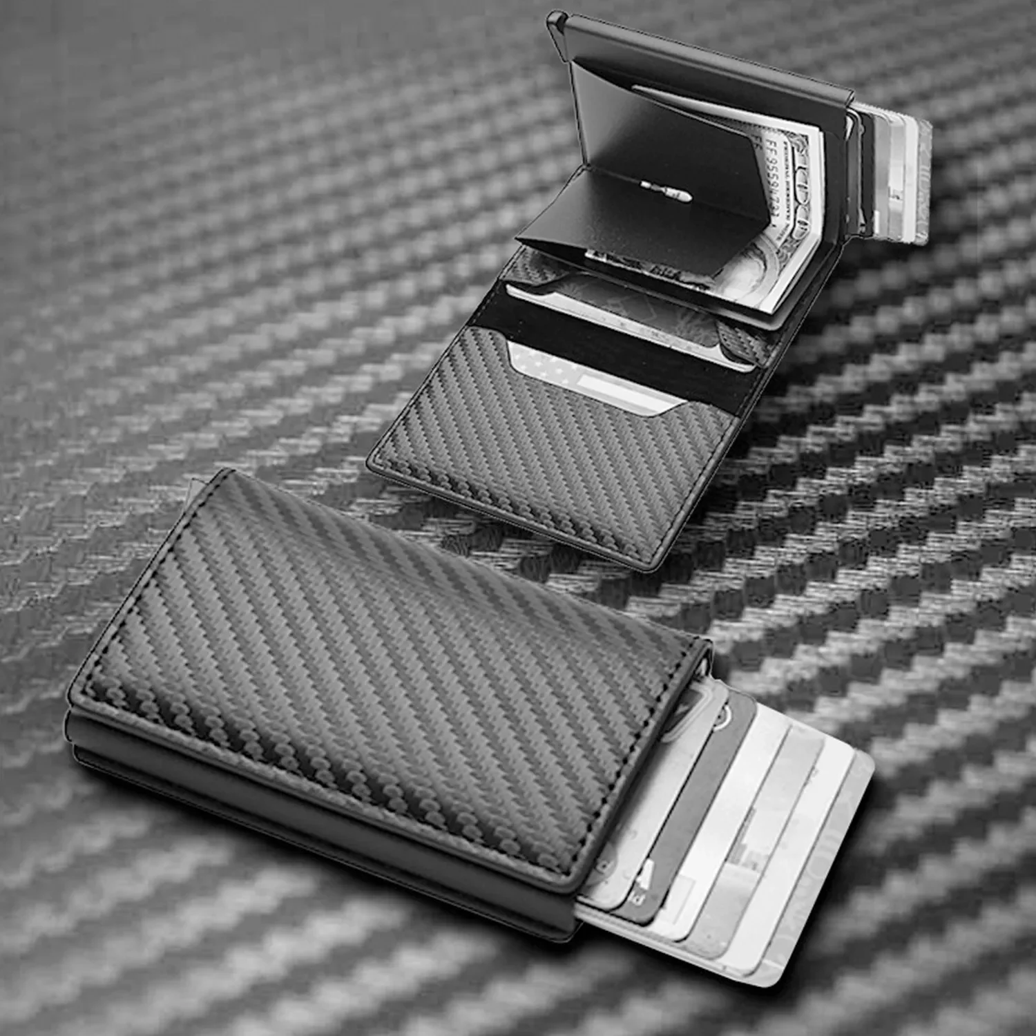Factory High Quality Pop Up Carbon Fiber Luxury Designer RFID Aluminum Leather Rfid Card Holder Wallet For Men