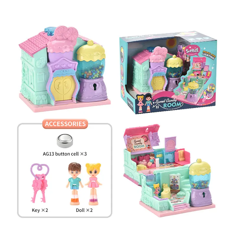 Mini playing pretend set dollhouse with furniture and PVC doll blind box house toys for girl included  3x AG13 button cell batte