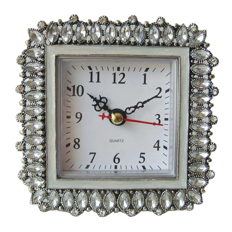 Square Silver White Bejeweled Metal Zinc Alloy Framed Desk Quartz Clock