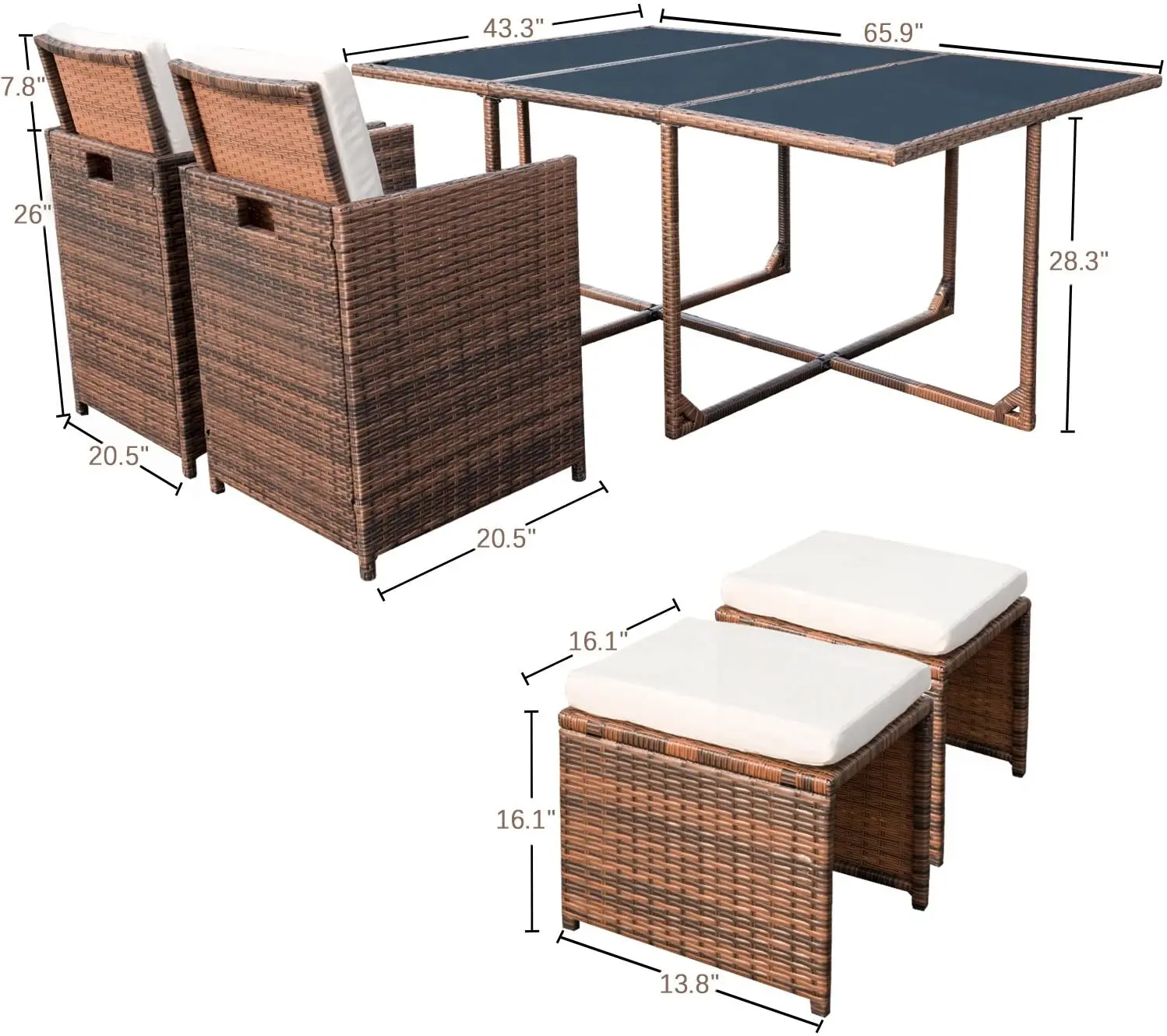 11 pieces Garden Sets Outdoor Furniture Dining Set Rattan Furniture Cushioned Tempered Glass W/Ottoman Brown(PE Rattan)