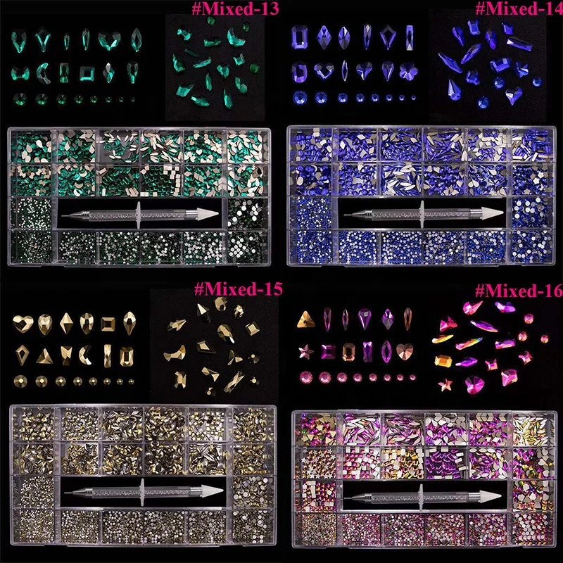 GREENKEM Hot Crystal AB Nail Art Rhinestones Mix Shape Fancy Shaped In Box Flat Bottom Glass Nail Diamond Rhinestone