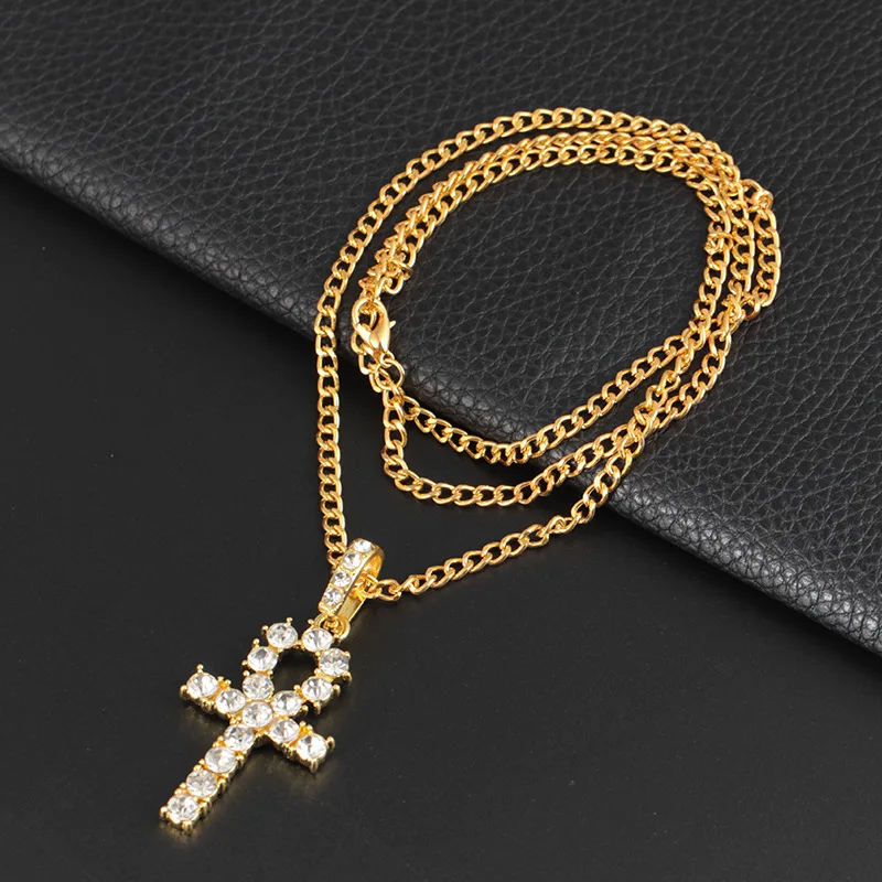 Silver Color Mens Hop Iced Out Gold Rhinestone Key of Life Egypt Cross Pendant Tennis Chain Crystal Necklace for Men