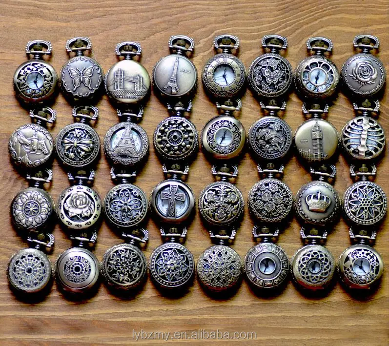 
Mix 32 Designs Small size classic Roman Bronze Dia 25MM Pocket watch vintage antique model Heart Hollow watch 