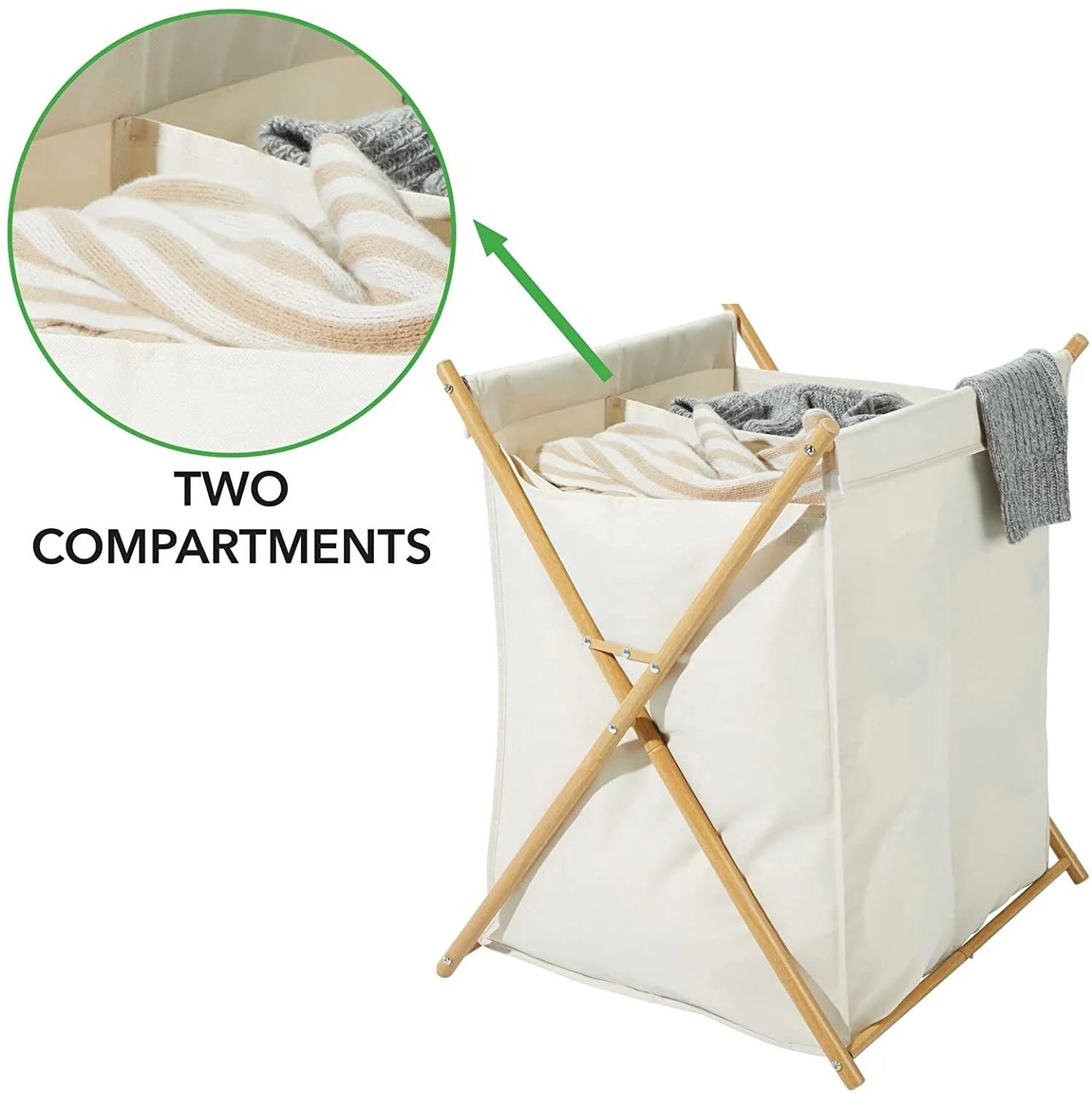 Sturdy  Laundry Divided Hamper Sorter Cart with Wood  Portable and Collapsible  Clothes Basket Storage Polyester laundry basket