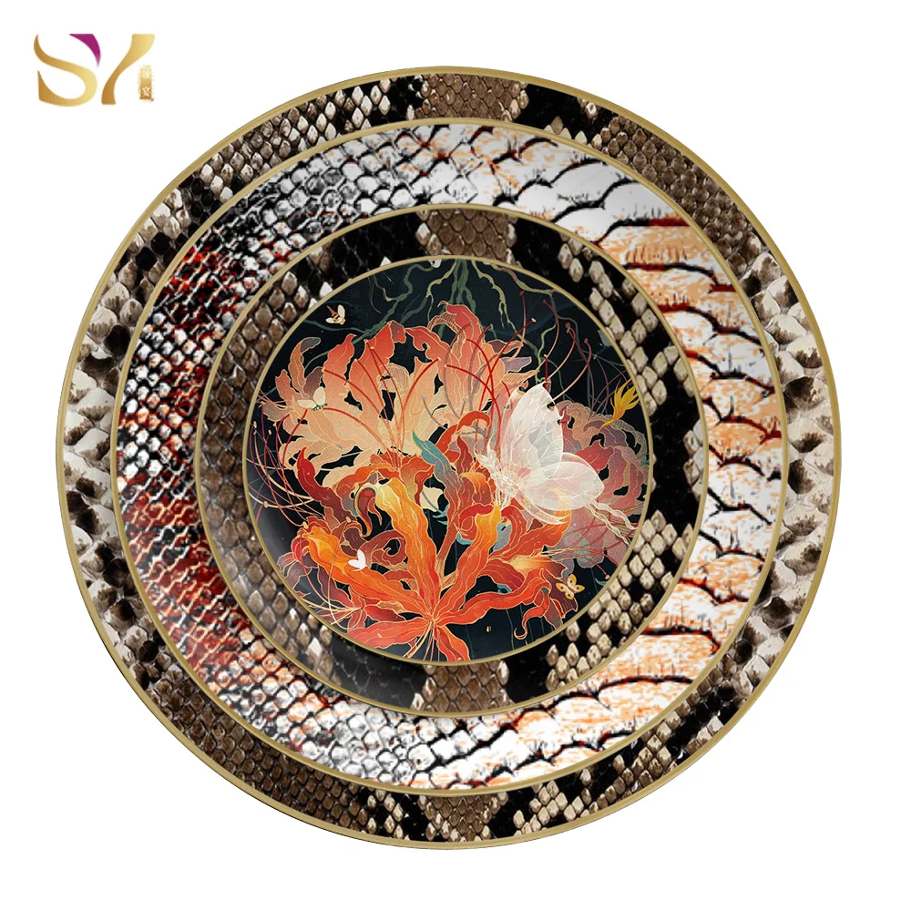 Snake print speckled ceramic dish set charger plate wholesale