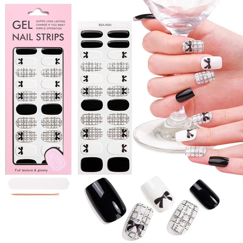 Professional design Popular new Classic elegance lhoundstooth Black white bow no UV baked gel nail stickers
