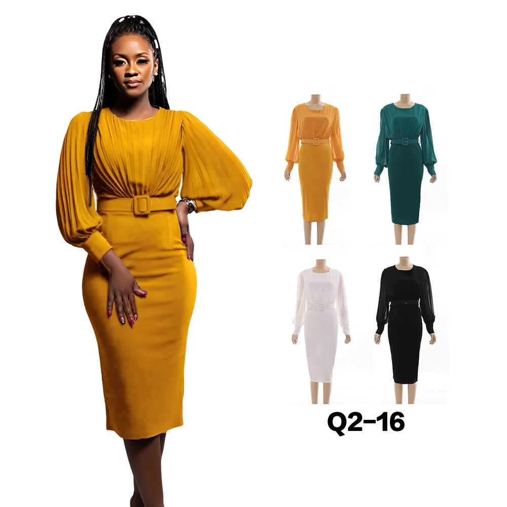elegant ladies women customs Summer dresses long sleeve pleated skirt Ruched office chiffon wrap dress
