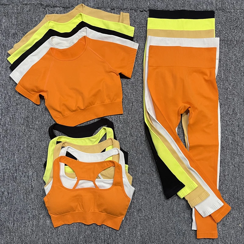 Tiktok Hot Sale Fitness Apparel Women Seamless Yoga Leggings Gym Set Athletic Wear Ribbed Biker Shorts Workout Clothes