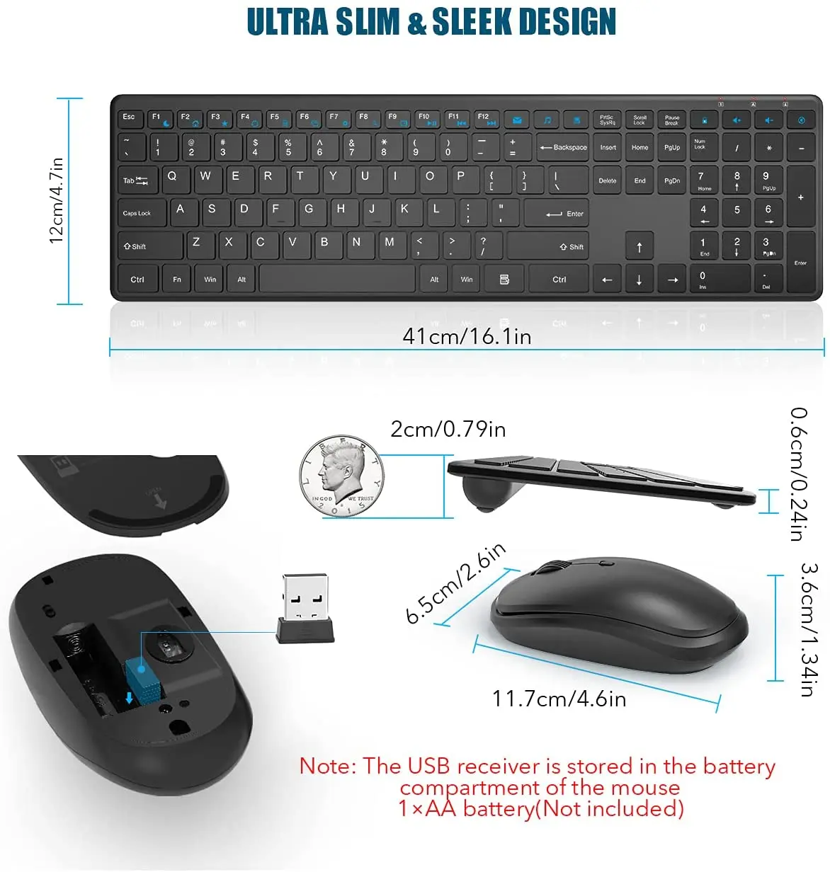 Keyboard and Mouse Wireless Combo Silent RATEL 2.4GHz Ultra-Thin Full Sized Wireless Keyboard Mouse Set with USB Receiver