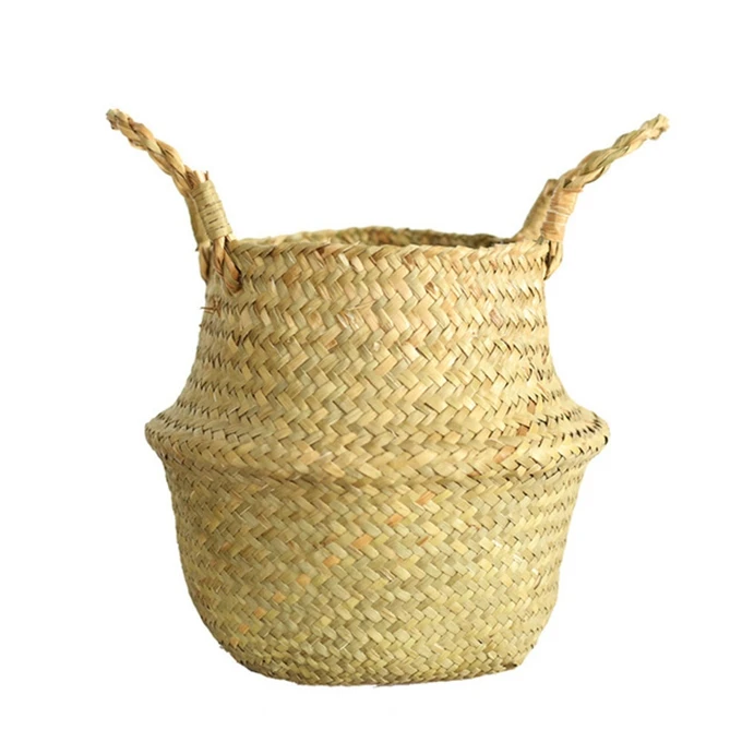 Foldable Woven Natural Seagrass Basket With Handles For Gardening, Flower Stands Pot, Storage Baskets