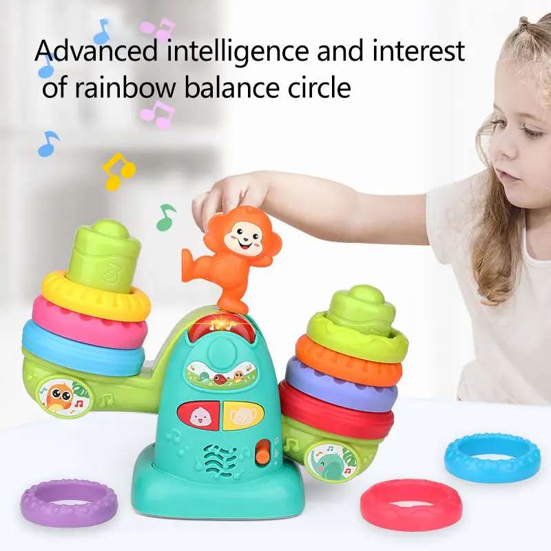 QS Popular Baby Education Toys STEAM Colorful Ring Electric Musical Rainbow Balance Circle Stacking Toys For 3-8 Ages Kids