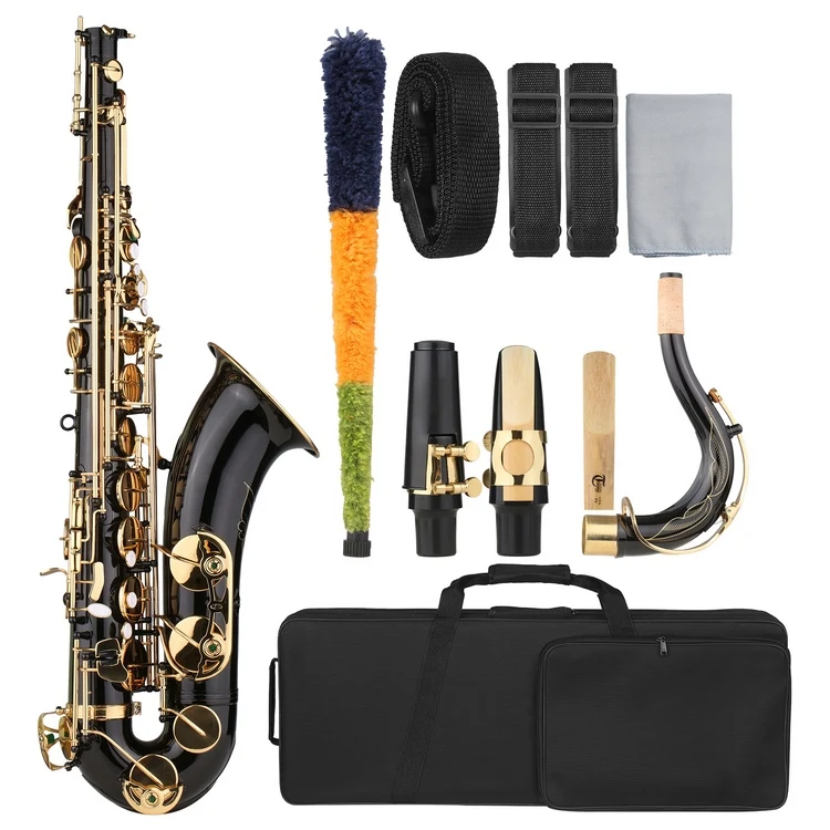 Muslady B-flat Tenor Saxophone Bb Black Lacquer Sax with Instrument Case Mouthpiece Reed Neck Strap Cleaning Cloth Brush
