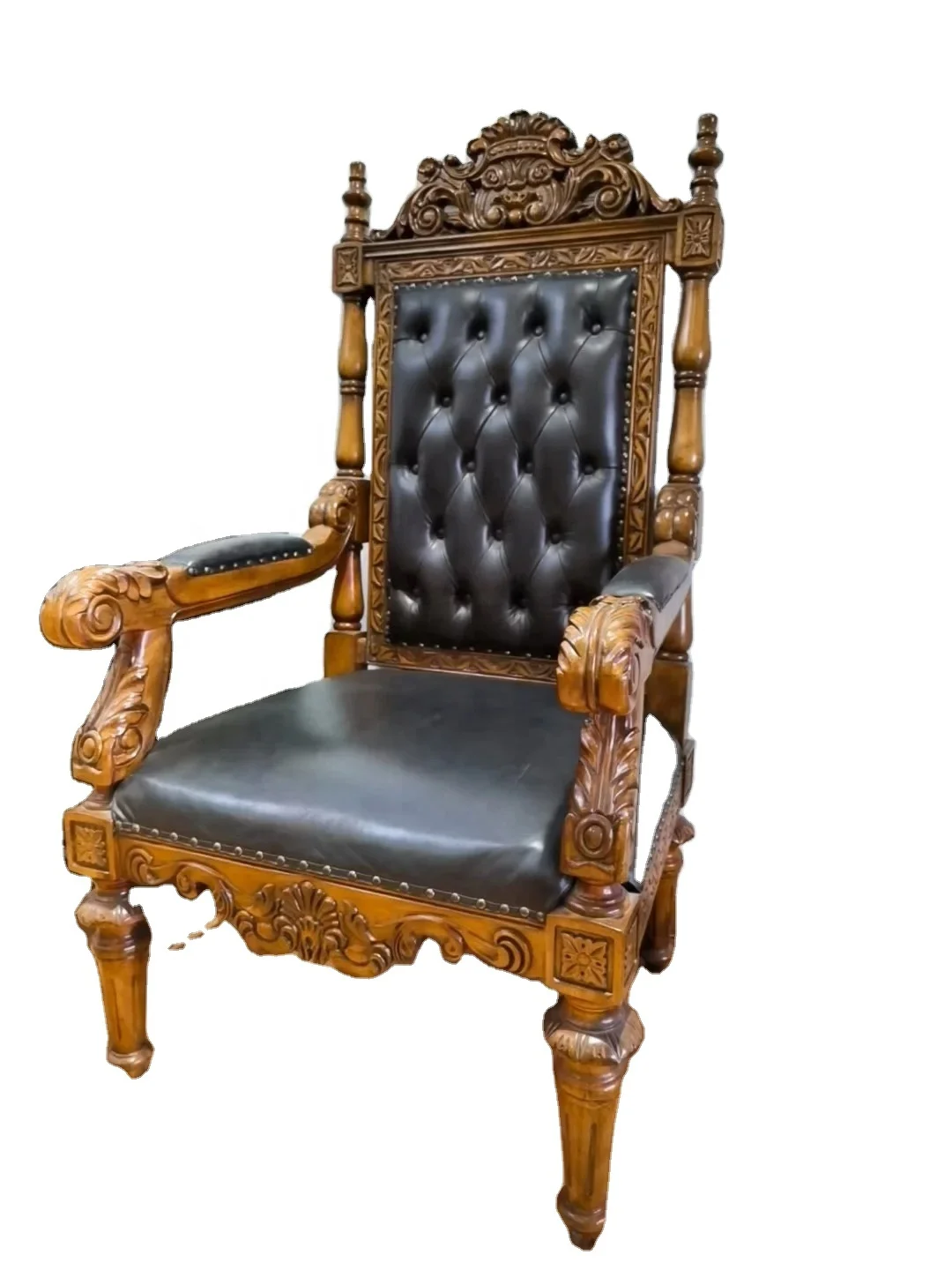 European Classical High-Back Leather Office Chair with Hand Carving Brown Teak Wood Leisure Villa Chair Home Hotel Living Room