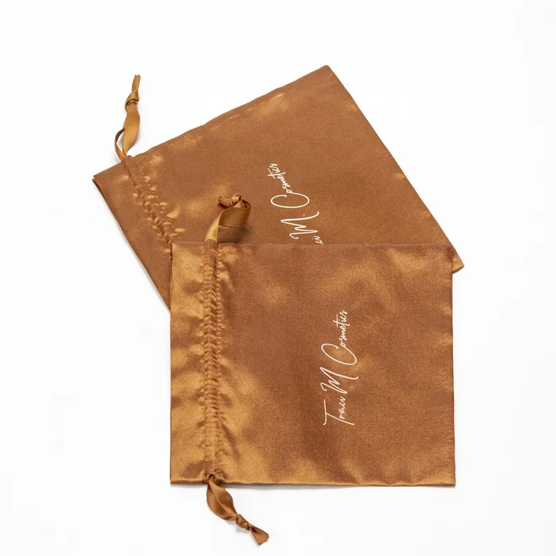 Luxury Gold Satin Gift Pouch with Ribbon Custom Logo for Hair Extensions and Makeup High-End Textile Packaging