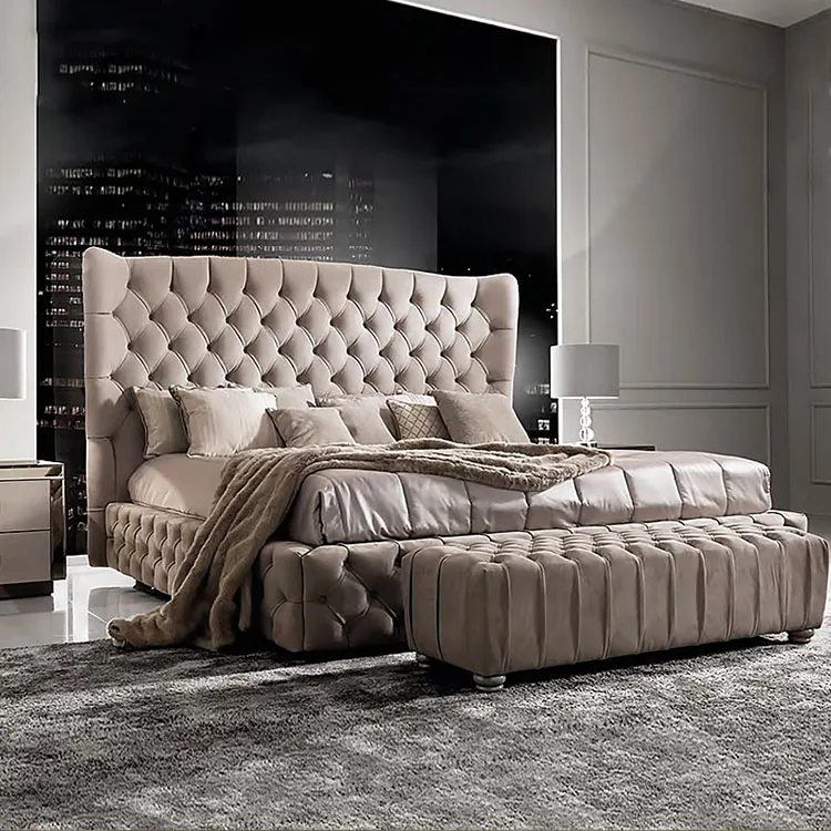 Modern Latest Slat Support King Size Fabric Platform Wooden Bed For Home and Hotel