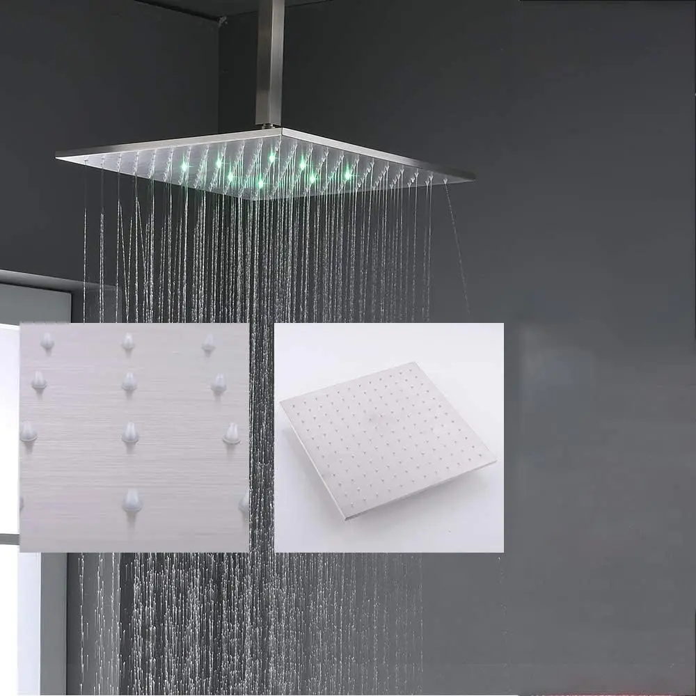 Shower System Brushed Nickel 12 Inch LED Square Rainfall Bathroom Brass Wall Mounted Shower Set