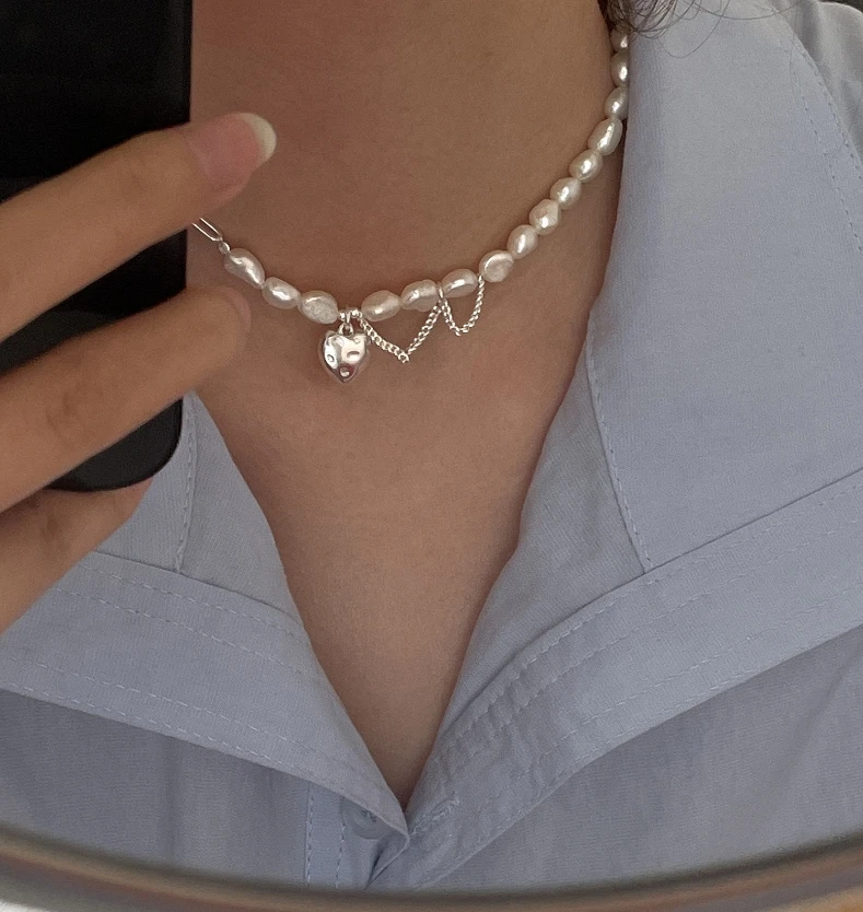 925 Sterling Silver Sweet Baroque Pearl Love Necklace For Women Fashion Heavy Industry Chain Choker Necklace Jewelry Party Gift