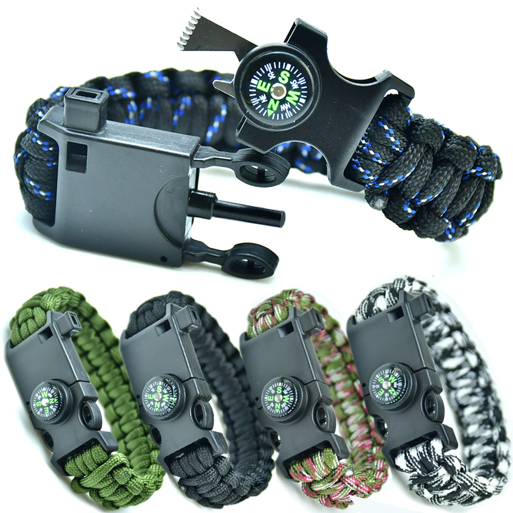 7 in1 Outdoor Handmade Paracord Bracelet Survival Wrist Compass Fishing Fire Flint Bangle Kit