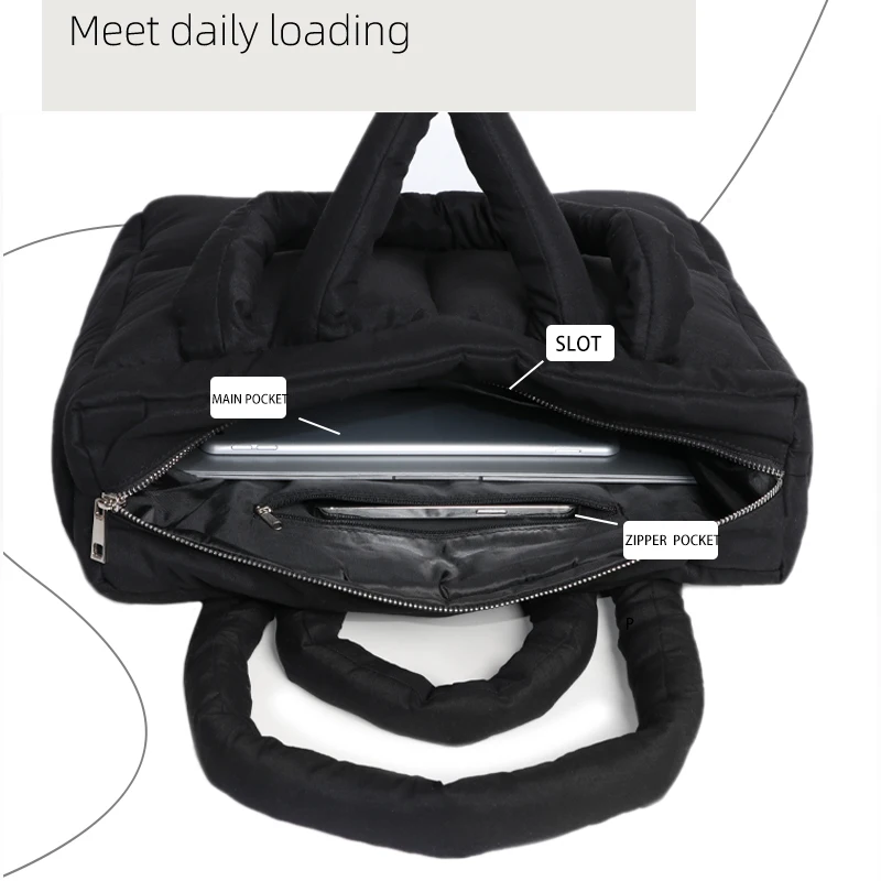 Lightweight Black Puffer Travel Quilted Tote Bag For Women Sotf Quilted Padding Handbag Bag