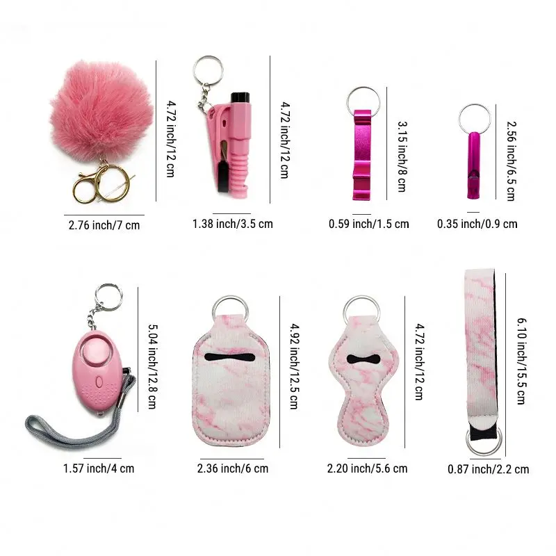 Wholesale 8pcs Keychain Set Bulk Accessories wrist strap whistle bottle opener pom pom window breaker Set Self Defense  keychain