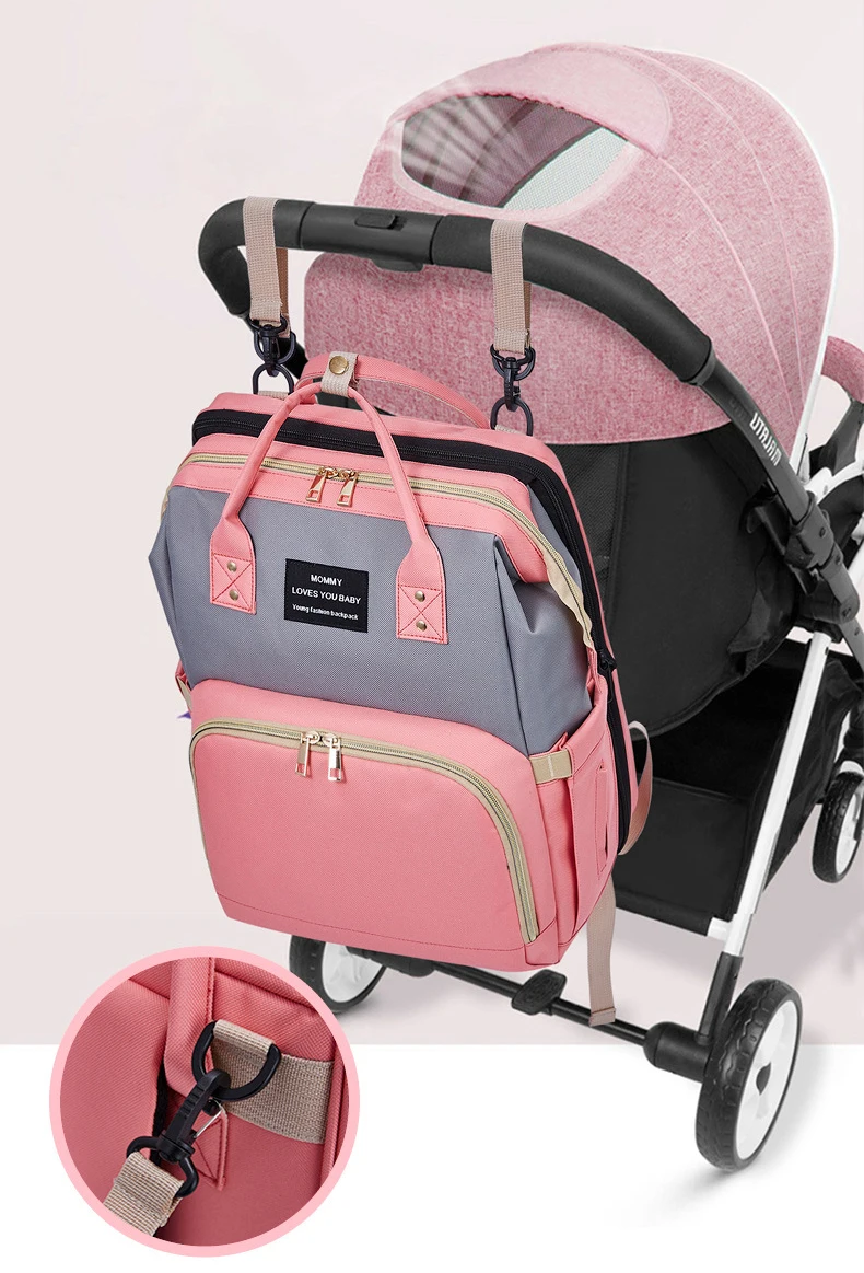 Large capacity foldable Oxford multi function pink grey diaper bag custom with changing station usb