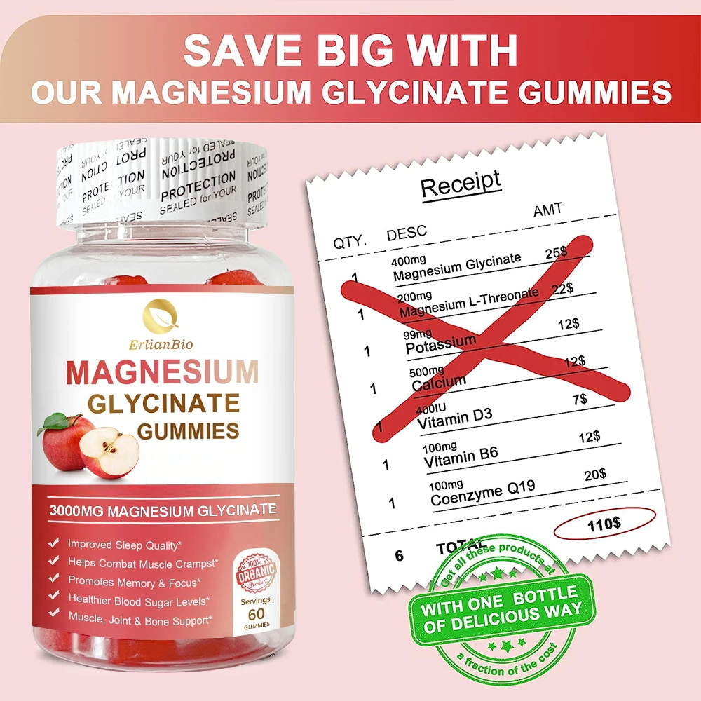 Magnesium Glycinate Gummies Magnesium Gummies Herbal Supplements for Kids & Adults Stress Relief Muscle Cramps & Sleep Aid