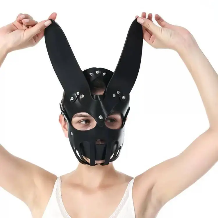 Sexy Black Leather Bondage  Adult Sex Foreplay Full Face Party Rabbit Ears Mask