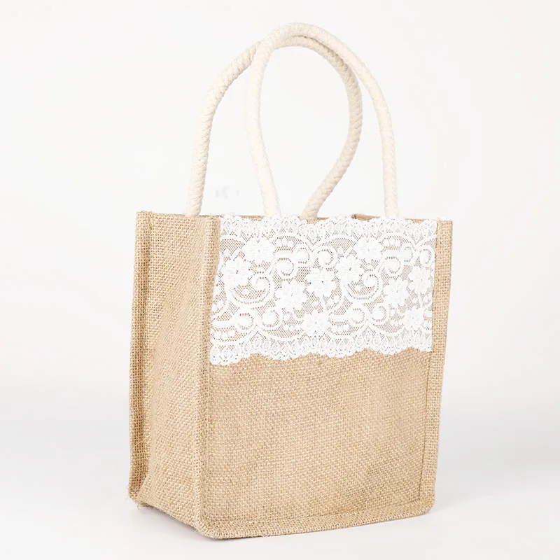 Custom Logo Printed Eco Recycle Natural Foldable Reusable Jute Burlap Linen Shopping Tote Bag With Lace