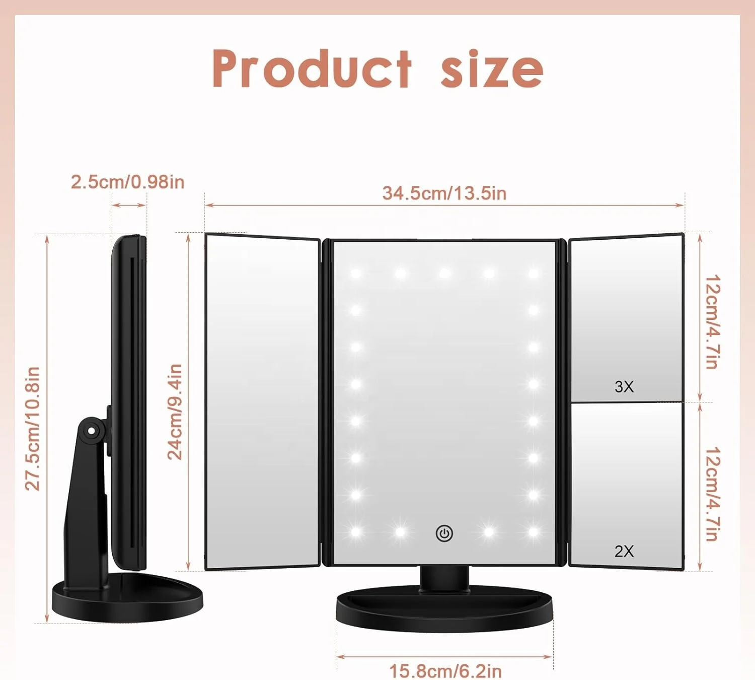 Lighted Foldable Portable 21 Bright LED Light Travel 2x 3x Magnifying Trifold Vanity Makeup Mirror With Led Lights