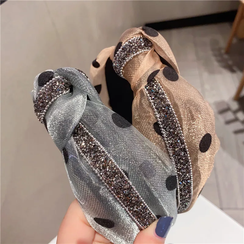 Rhinestone Glitter Diademas Polka Dot Lace Fabric Wide Brim Hair Band Middle Knotted Flannel Lining Padded Cloth Hair Bands